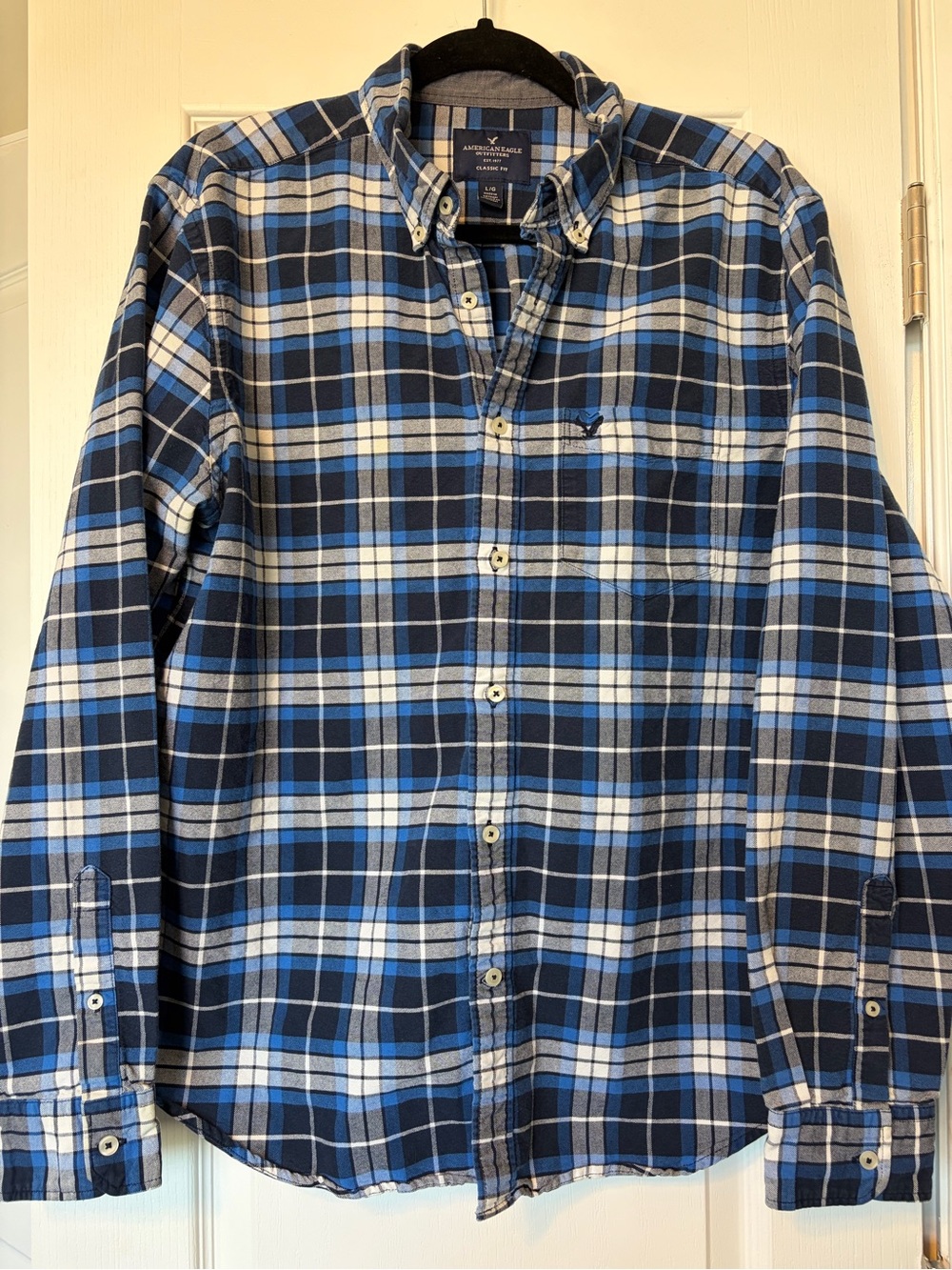 American Eagle Mens Plaid Flannel Button-Down Shirt Classic Fit Blue Cream L